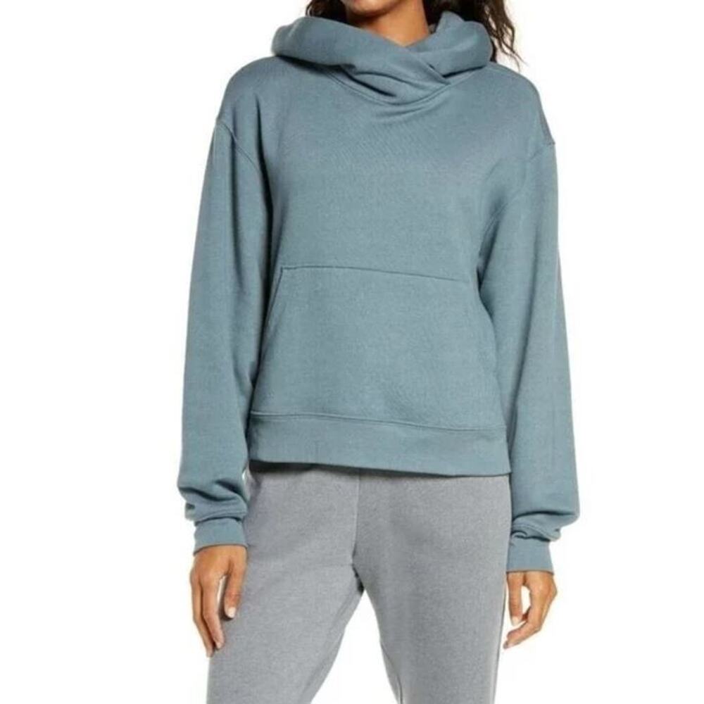 Zella Women's Cali Fleece Kangaroo Pocket Pullover Hooded Sweatshirt Blue XS $59